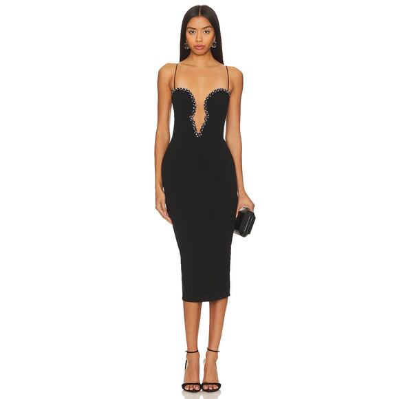 Nookie Adorn Midi Dress Mesh Panel Beaded Crystal Embellished Black Size XL - Picture 2 of 15